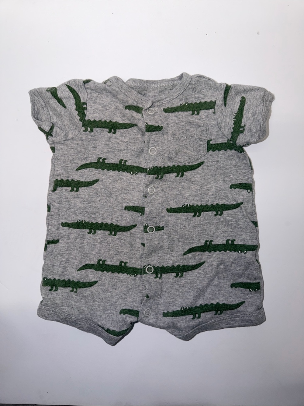 Grey Baby Romper with Green Alligator Print